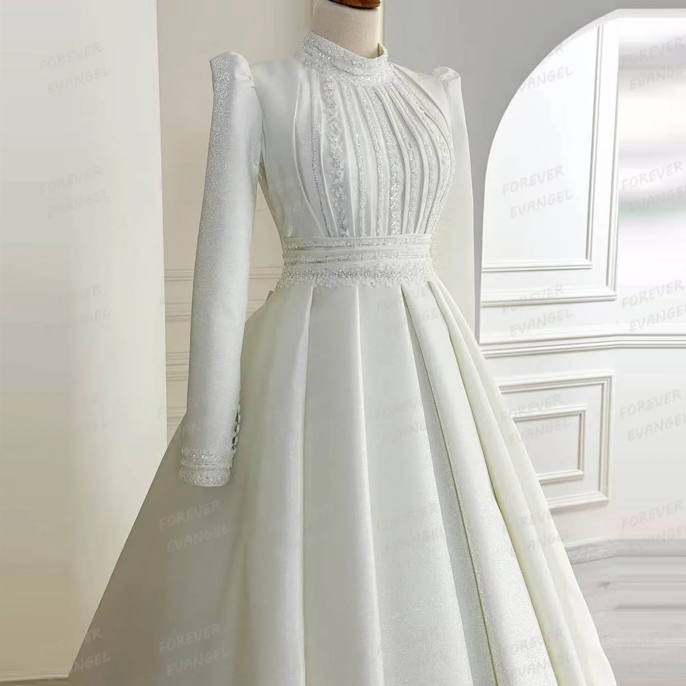 Robes de mariée simples à col haut pour femmes, robe en satin à paillettes élégantes, robe éducative personnalisée, quelle que soit la mariée formelle, manches longues