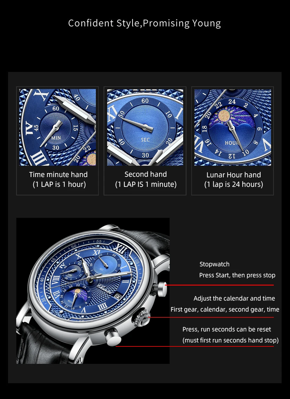 Chenxi 976 Leather Chronograph Date Men's Phase Of The Moon Timing Business Luminous Quartz Watch Relojes Para Hombres