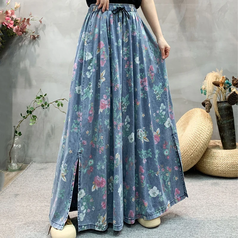 

High Waist Vintage Jeans 2025 New Casual Women Pants Loose Floral Print Jeans Side Split Design Women Wide Leg Pants