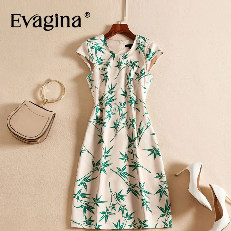 Evagina Fashion design Spring Summer Women's Garment Sleeved Bamboo Leaves Printing Commuter S-XXL Mini Dresses