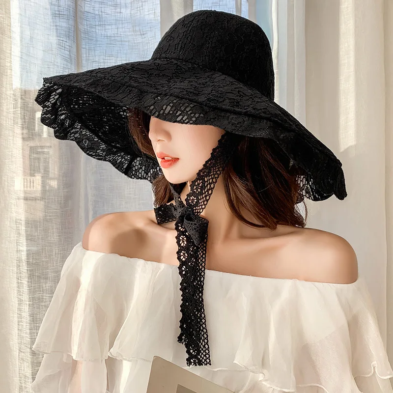 Summer Lace Sun Hat Women Wide Brim Sun Hat Women Lace Hat Summer White Black Lace Party Wedding Packable Beach Hat