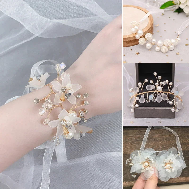 ลูกไม้สีขาวข้อมือ Corsage เพื่อนเจ้าสาวเพิร์ลสร้อยข้อมือดอกไม้ประดิษฐ์เจ้าสาวดอกไม้สําหรับงานแต่งงานเต้นรํา Party Decor เจ้าสาว