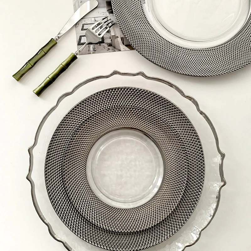 LIVETAI Light Luxury Electroplated Grid Glass Plate Elegant Fruit Dessert Snack Dish for Home Kitchen Hotel Restaurant Tableware