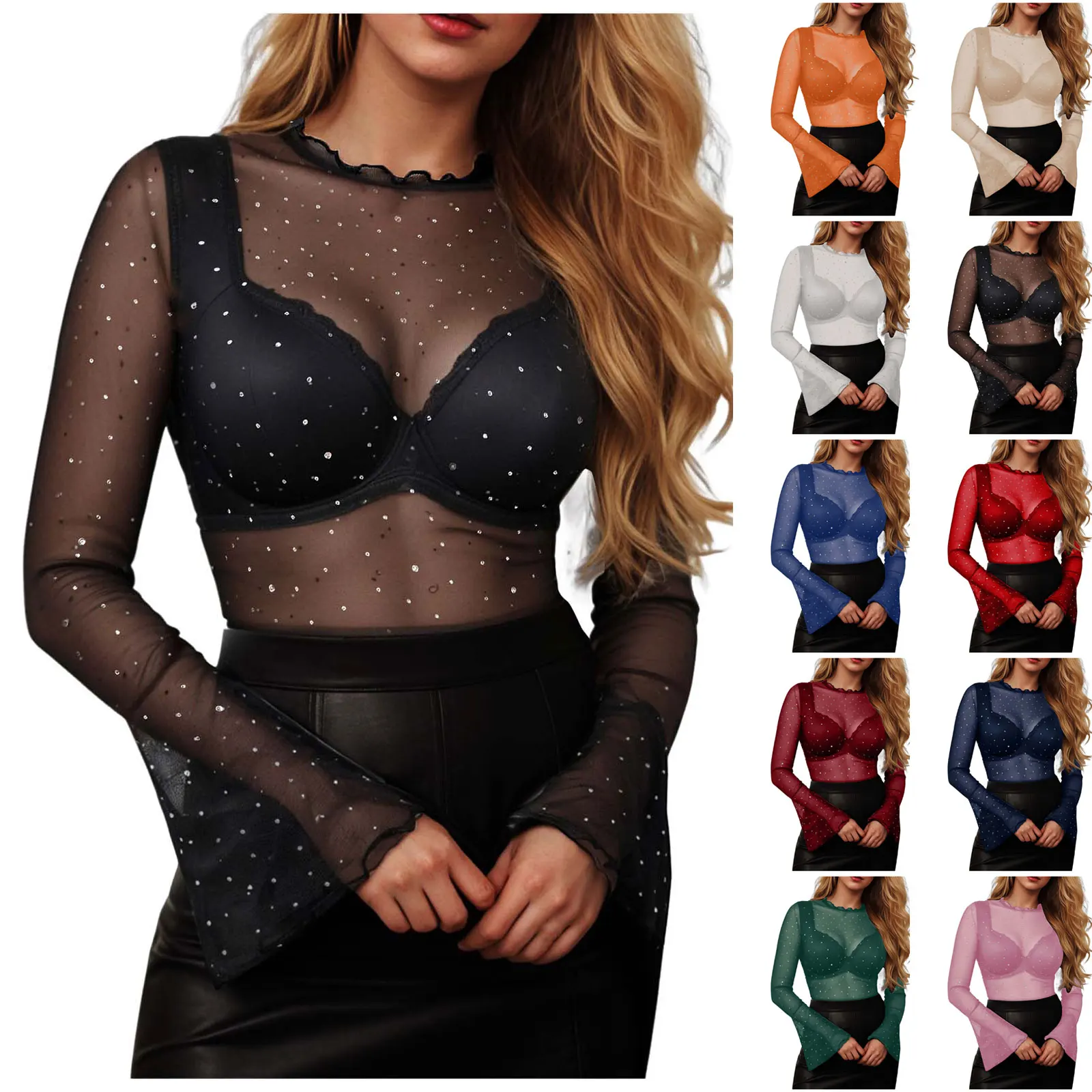 Top Manica Lunga Trasparente Con Glitter A Stella Per Donna - Crop Top Sexy In Rete