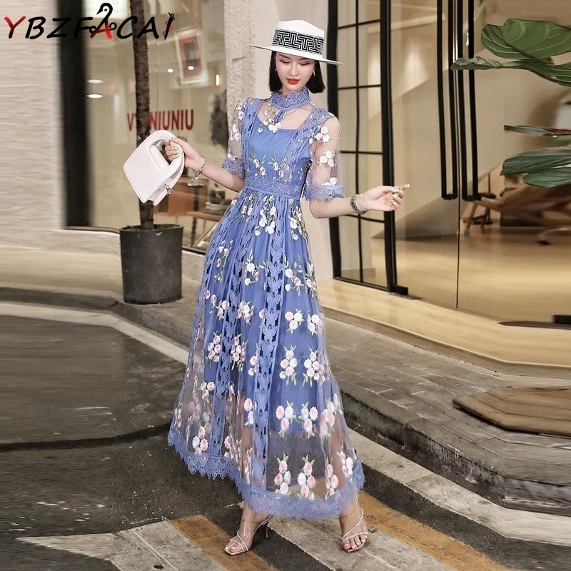 

Fairy Temperament Gentle Wind Blue Lace Dress O Neck Short Sleeve Mesh Embroidered Crochet High Waist Slim High-End Long Dress