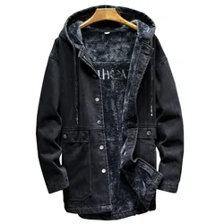 Winter Men's Long Jeans Jacket Fleece Lined Thick Thermal Cargo Denim Windbreaker Hooded Loose Fit Coat Outerwear For Male 5XL