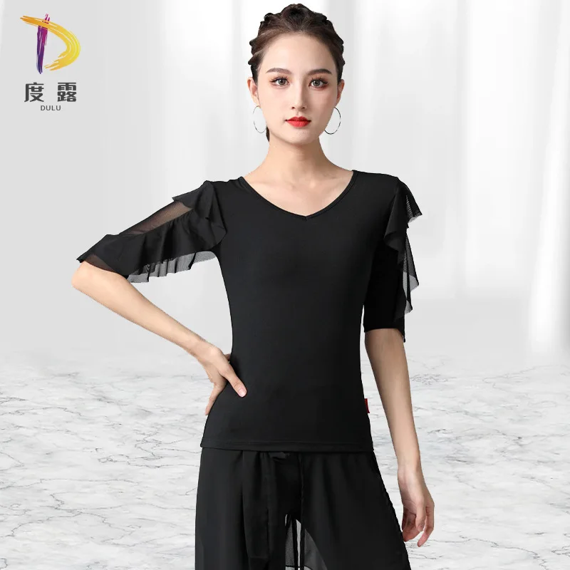 Elegant V-Neck Ruffle Pleated Dance Tops For Women Solid Color Slim Fit 3D Curve Long Sleeve Latin Ballroom Modern Dancewear