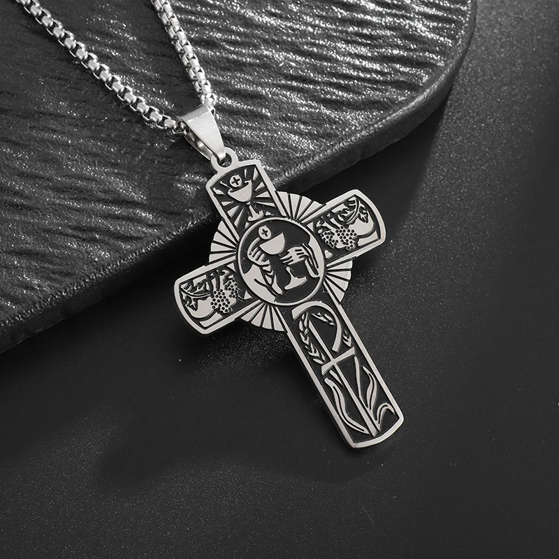 Christian Eucharistic Halo Wine Glass Cross Stainless Steel Pendant Necklace for Men Women Catholic Holy Spirit Church Jewelry