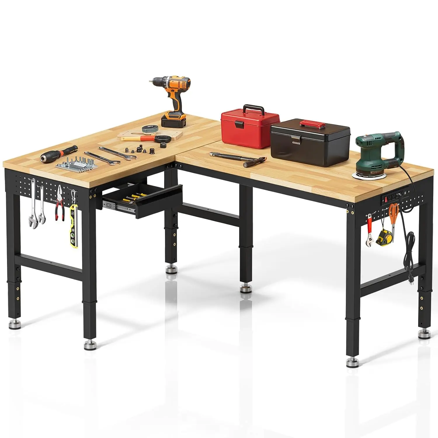 96”L-Shaped Heavy Duty Work Bench, Heights Adjustable Workbench, 5000 LBS Load Capacity, Work Benches for Garage, Customized