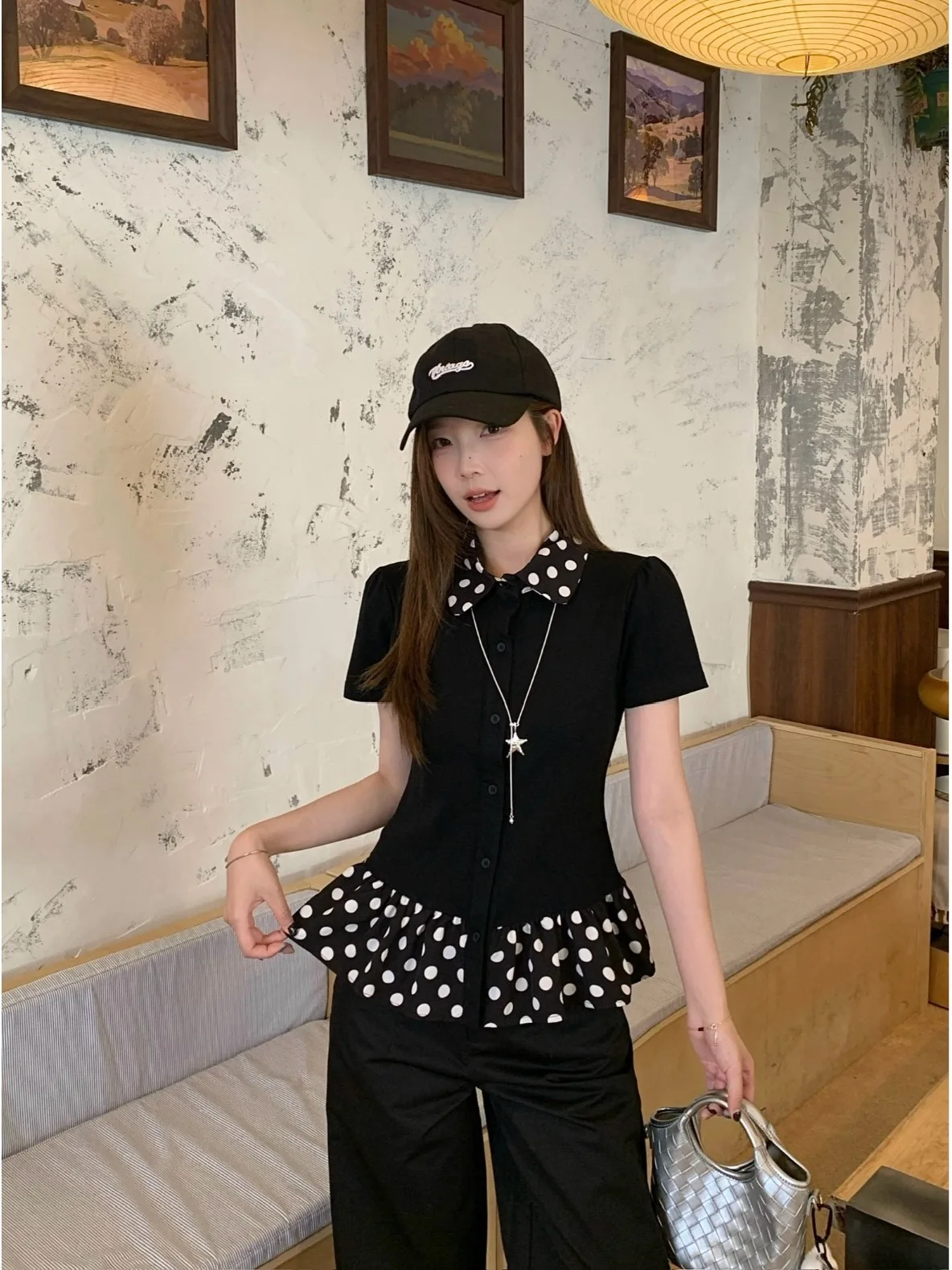

plus Size Summer Black And White Polka Dot Doll Collar Short Sleeve Slimming Fashionable Versatile Design T-Shirt for Women
