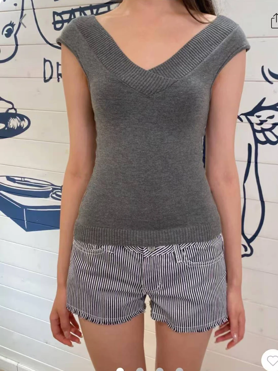 

Sweet Solid Knitted V-neck Slim Vest Women Summer Cotton Chic Sweater Sleeveless Tank Tops Female New Preppy Style Crop Top Y2k