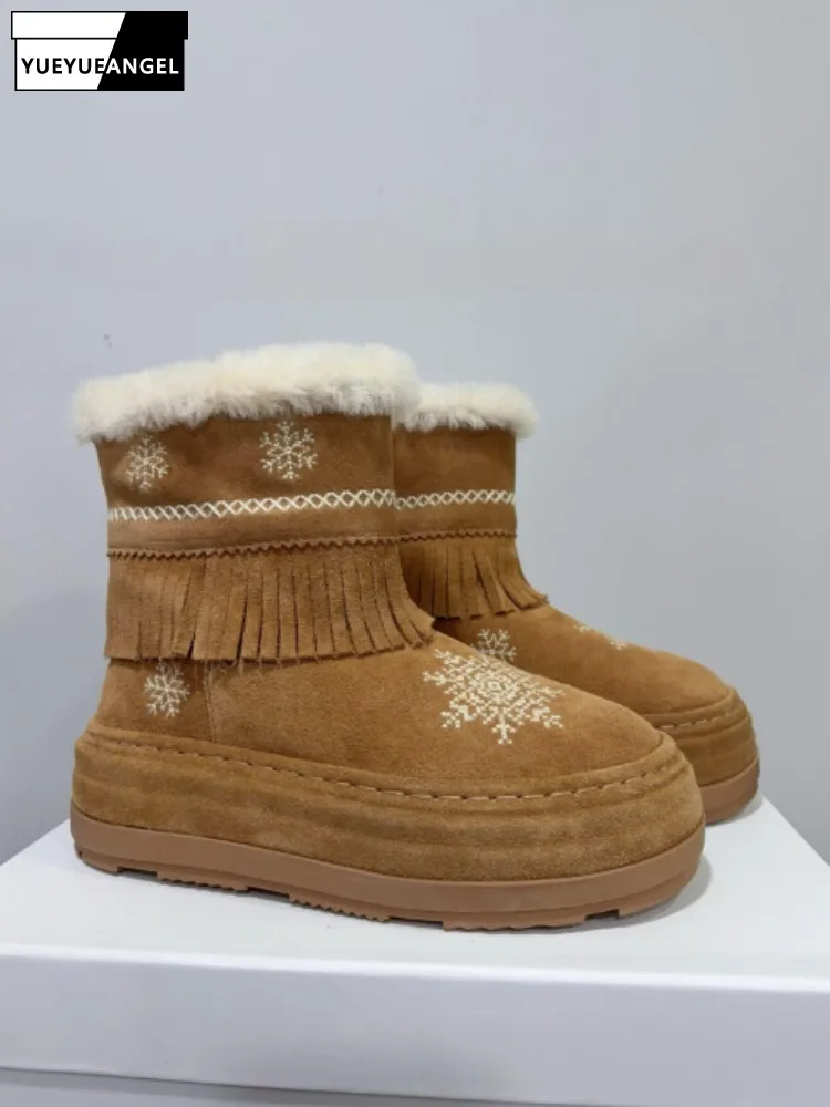 

Winter Lady Cow Suede Ankle Boots Warm Wool Lining Snow Boots Tassel Embroidery Height Increasing Shoes Thick Soled Footwear