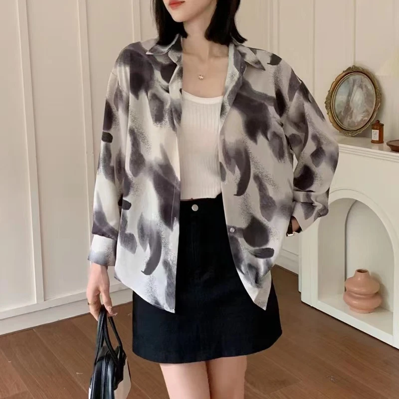 2024 Spring Autumn Women Korean Fashion Print Button Up Shirt Casual Streetwear Design Chic Blouse Female Loose Long Sleeve Tops