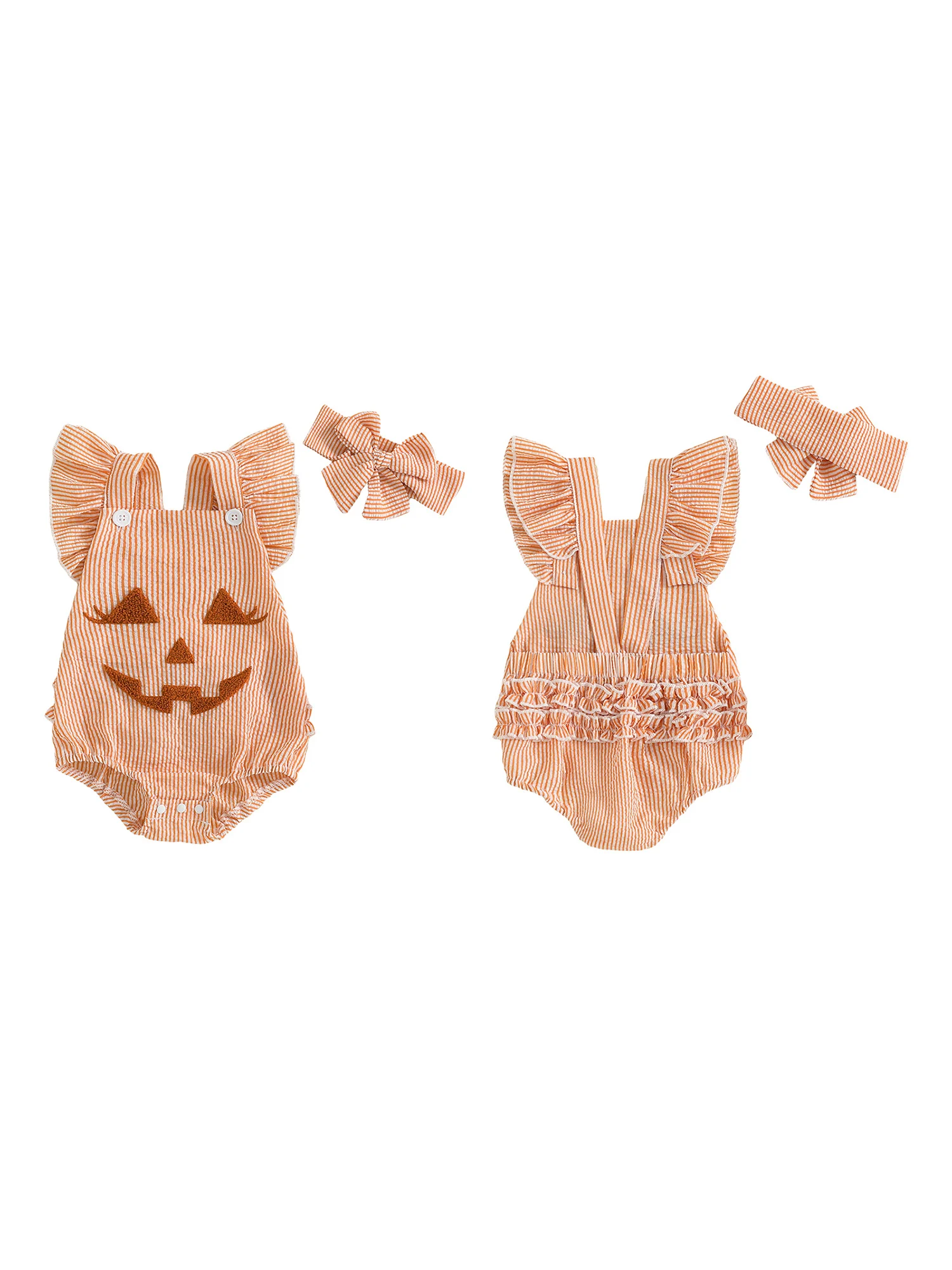 

Костюм на Хэллоуин для маленьких девочек, комбинезон с принтом тыквы, подходящей повязкой на голову и рукавами с рюшами для удовольствия от трюков или путешествий