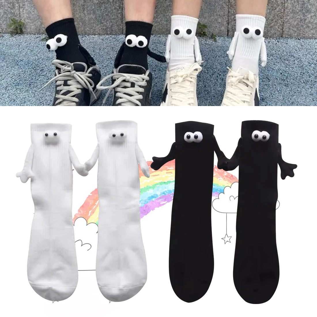 Socks Hand 2 Pairs Magnetic In Hand Suction Black White Unisex Holding Hands Long Socks Girls Harajuku Kawaii Couple Cotton Sock