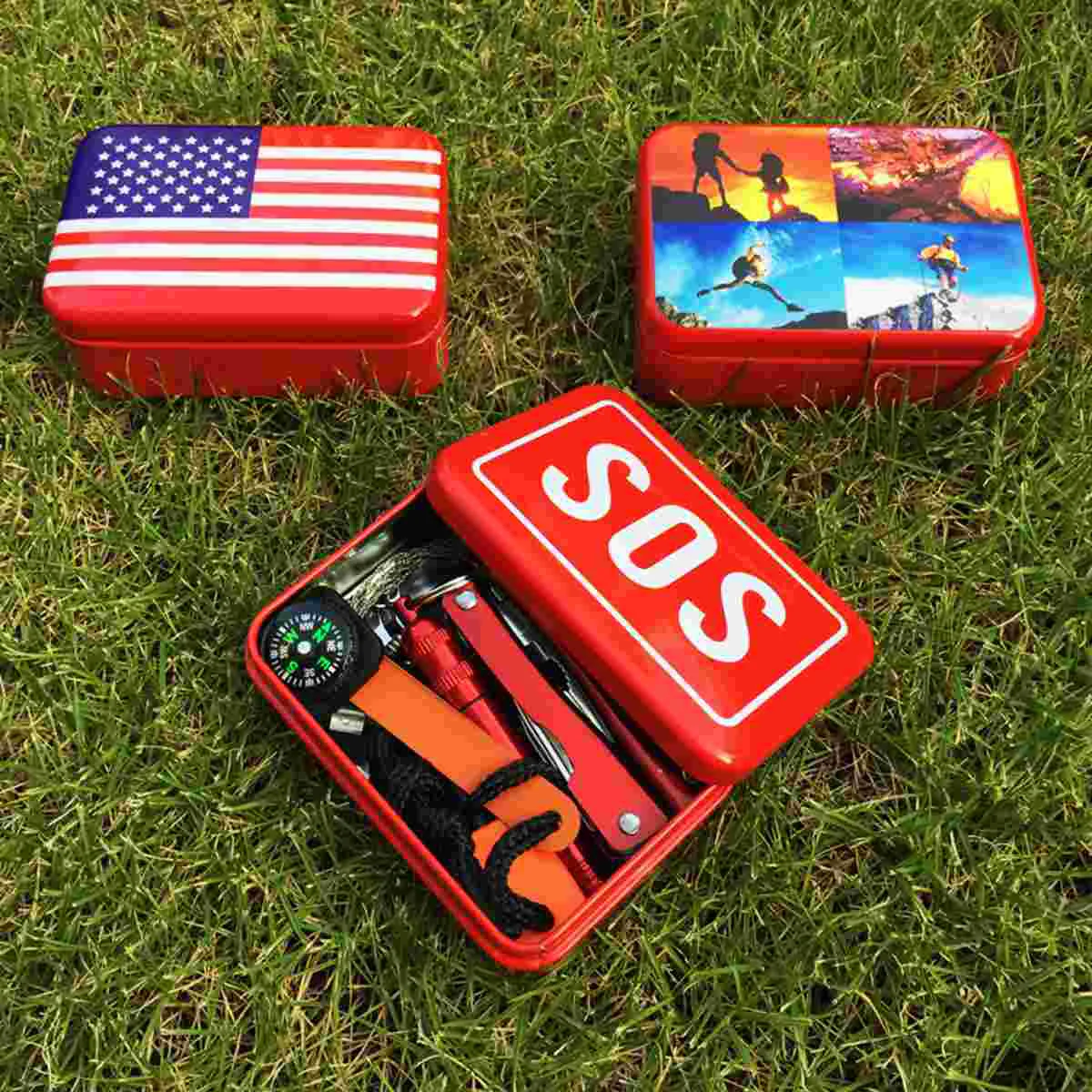 SOS Outdoor First-Aid Kit Self- Emergency Camping Tool Fire Starter Whistle Box