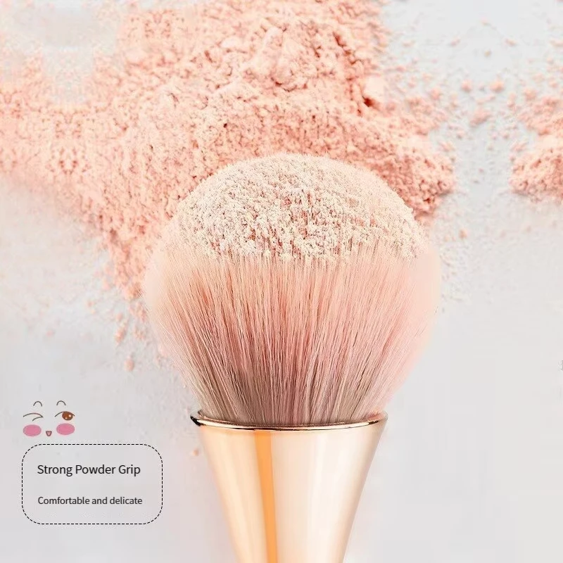 Brocha de maquillaje abanico rosa dorado, brocha para polvo suelto, iluminador y rubor, cerdas suaves para fijar el maquillaje 3
