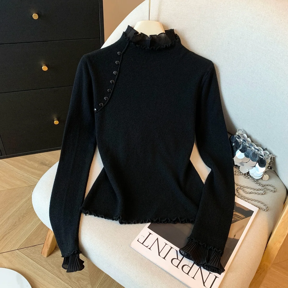 2025年新作 ハイネック スプライスセーター レディース ソフトニット ベースセーター 秋冬 スリムフィット ベースセーター