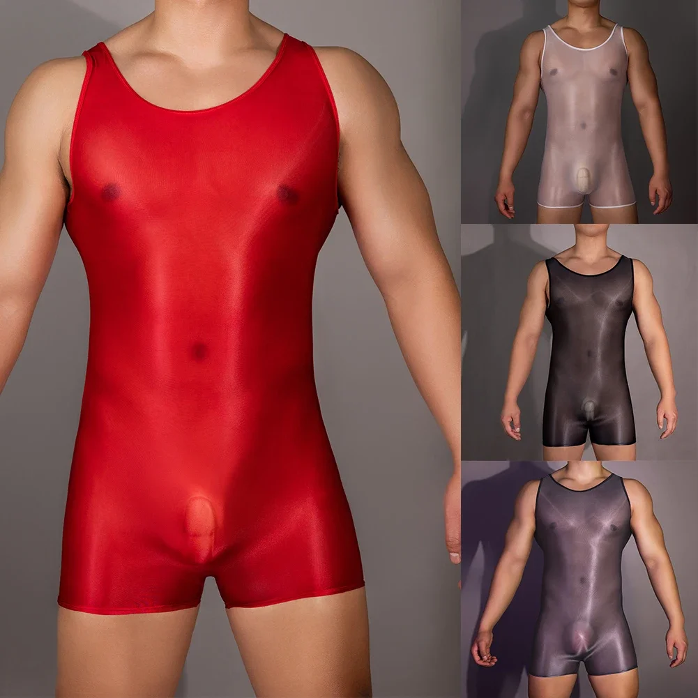 Transparent Mens Glossy Bodysuit Jumpsuit Stretchy Sexy Sleepwear Swimwear Sheer See Through Briefs Underwear Nightwear