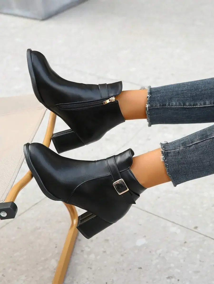

Chunky Heel Round Toe Ankle Boot With Buckle Strap And Zipper For Women