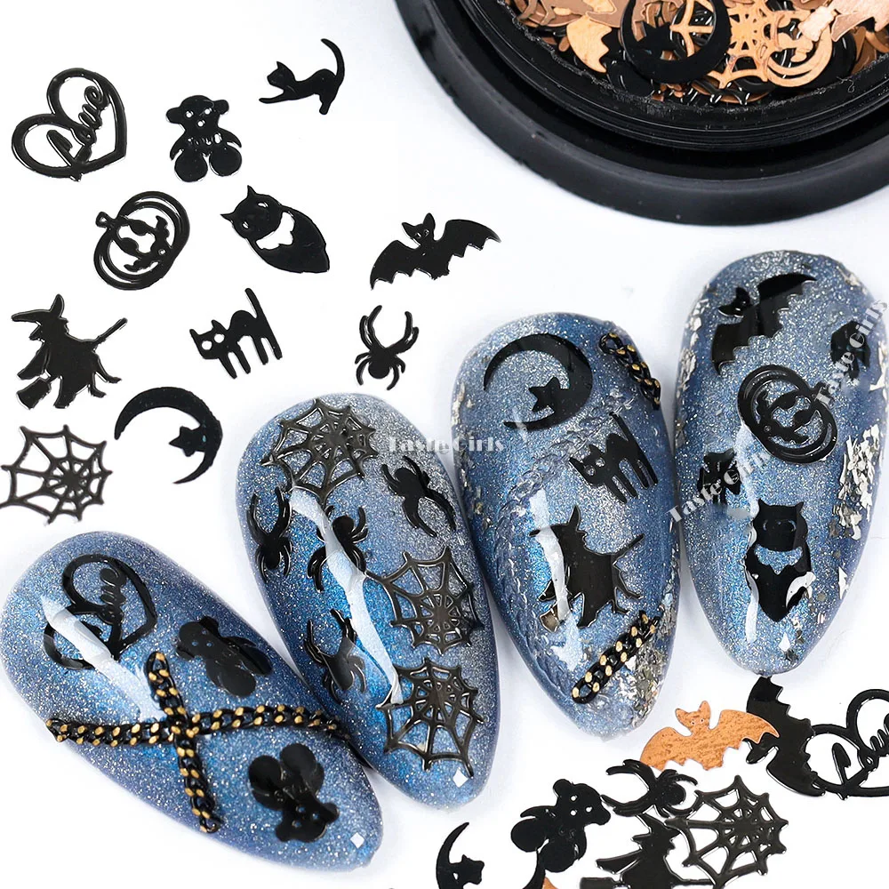 1Jar Mix 12 Shapes Halloween Black Pumpkin Face Witch Spider Net Black Cat Bat Metal Nail Art Sequins Decorations Manicure Slice