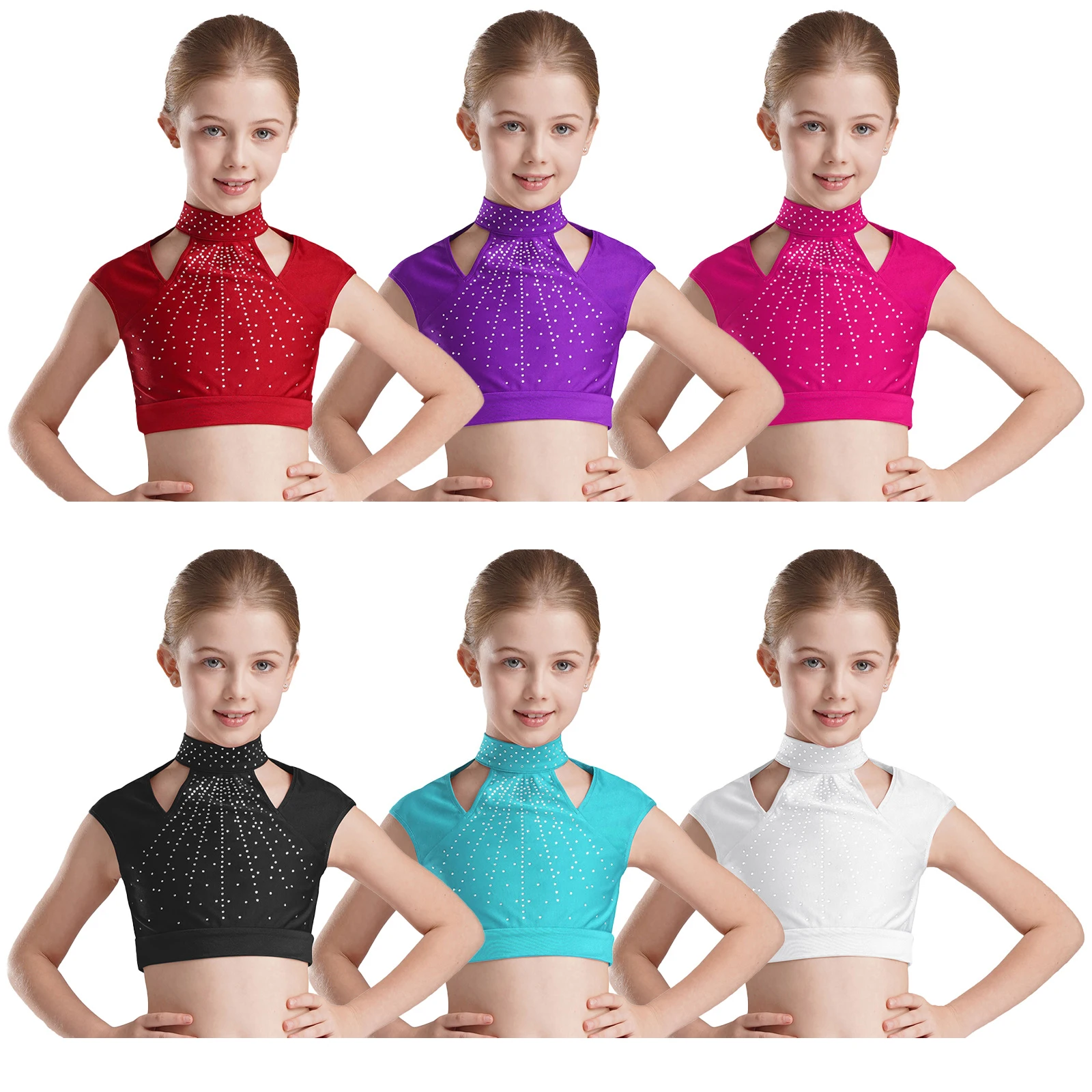 Kids Girls Ballet Dance Crop Tops Mesh Long Sleeve One Shoulder Tank Top for Gymnastics Workout Stage Performance Competition