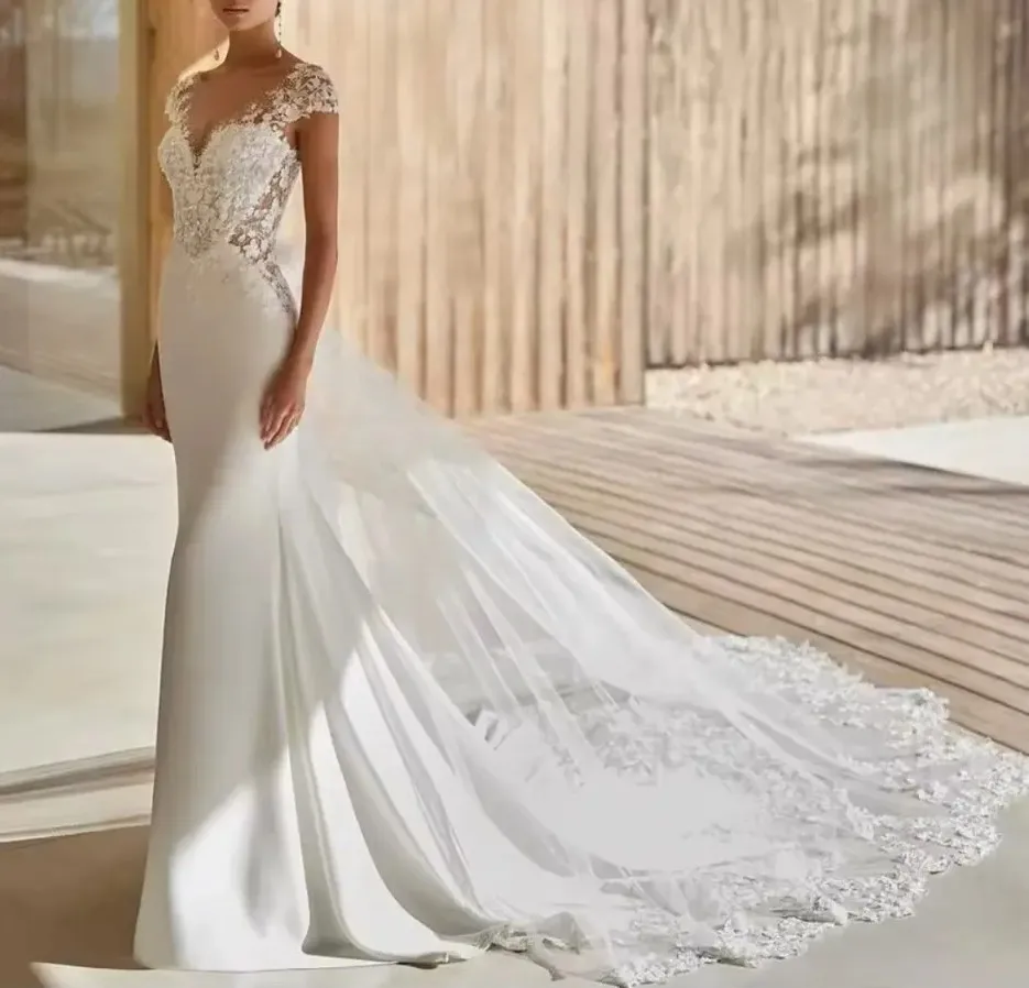 

Vintage Mermaid Lace Satin Wedding Gowns With Tulle Sweep Train Sexy V-neck Bridal Dress For Bride 2025 Vestina De Novia