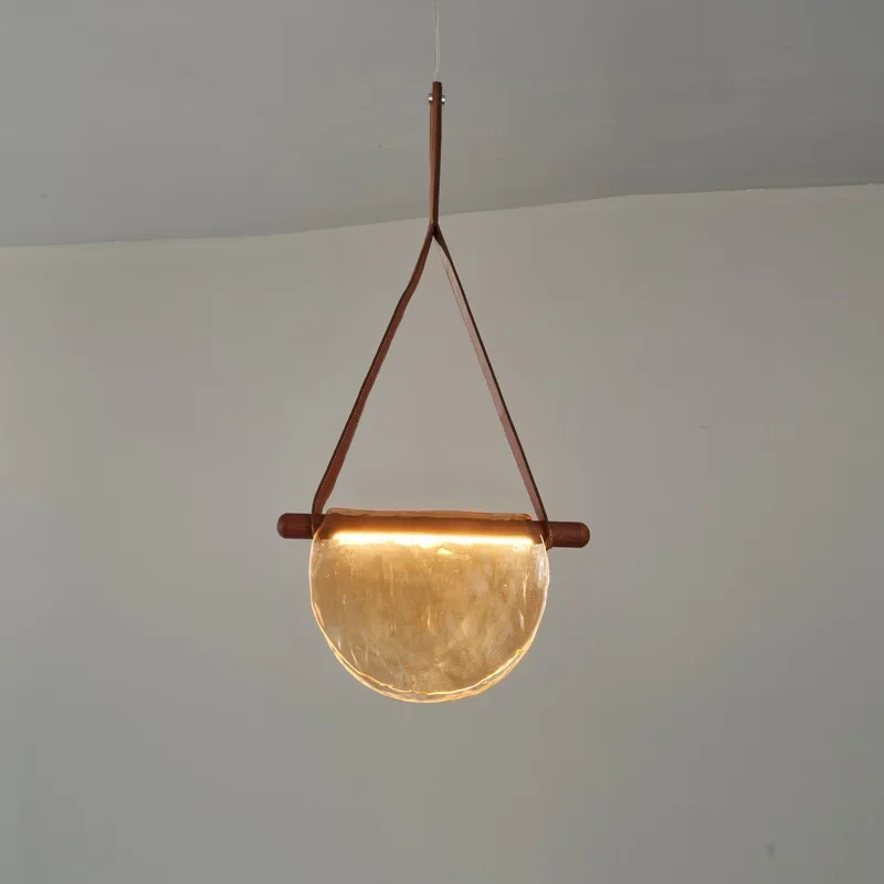 Modern Leather Handmade Glass Pendant Lights Grey Amber Translucent Semicircle Glass Chandelier Bedroom Living Room Chandelier