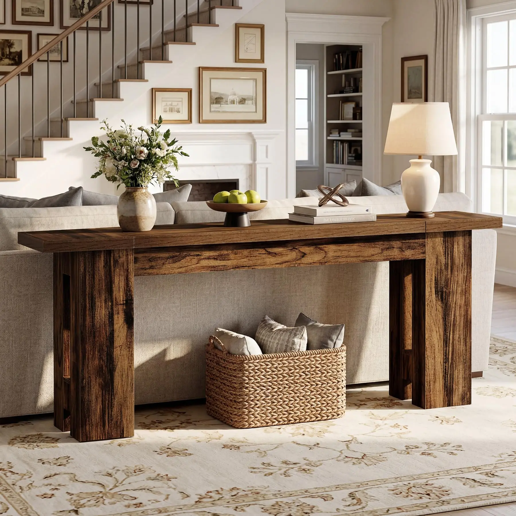 86.6 Inch Extra Long Console Table, Rustic Narrow Farmhouse Sofa Table Behind Couch, Wooden Entryway Table for Living