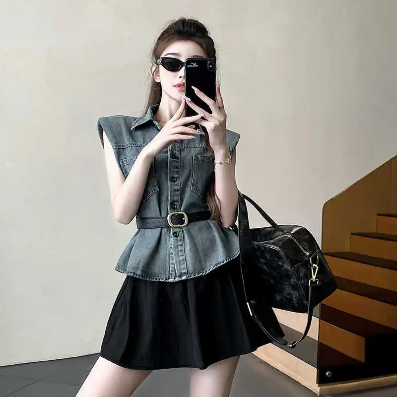 Denim Vest Thin Jacket Women's Tops New Spring Summer Girls Korean Versatile Style Belt Sleeveless Jackets Female Waistcoat