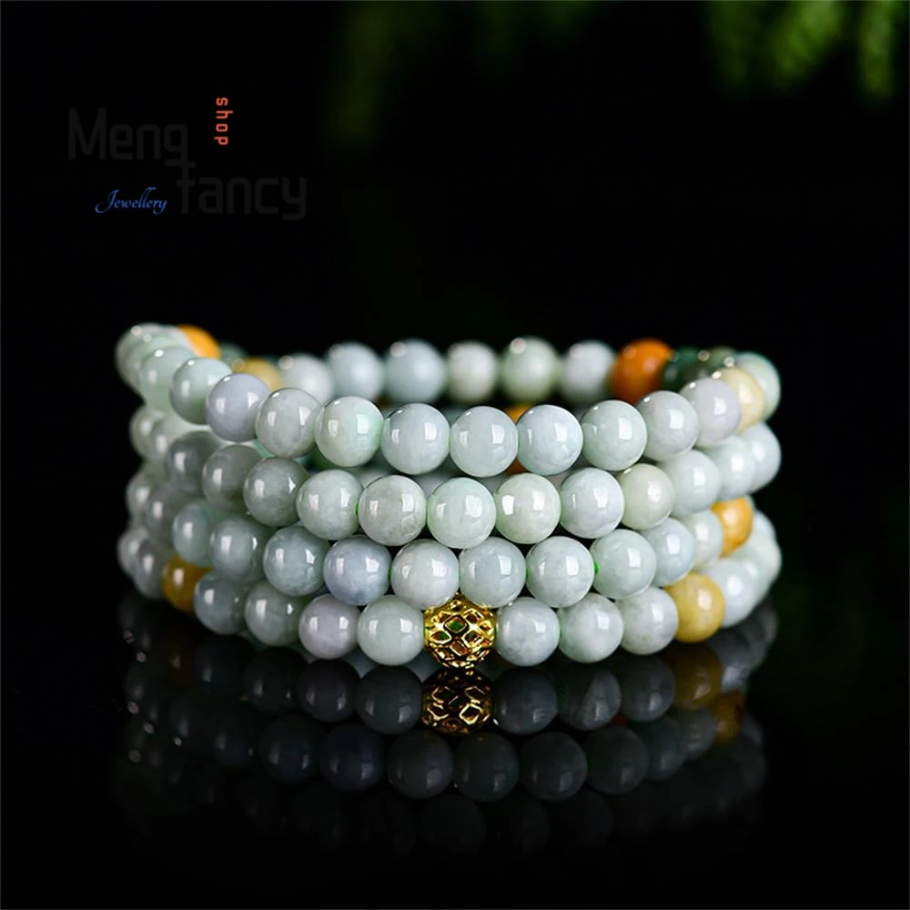 

Natural Myanmar A-grade Jadeite 7mm Ice Jade Bead Necklace Sweater Chain Women's Three Circle Bracelet Popular Fashion Jewelry
