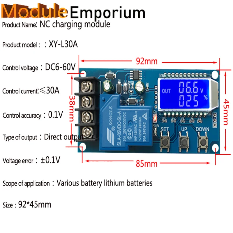 XY-L30A LCD Display Time Switch DC 6-60v 30A Protection Board Charger  Storage battery Charging Control Module