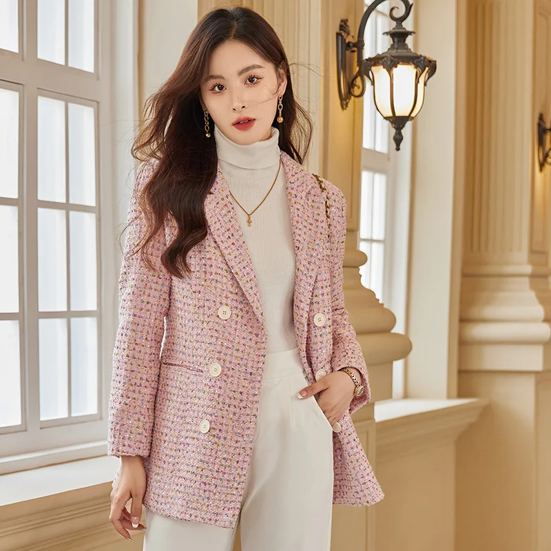 Winter/Autumn Adding Cotton Thicken Blazer Women Tweed Jacket Double Breasted Office Lady Pink Black White Suit Coat