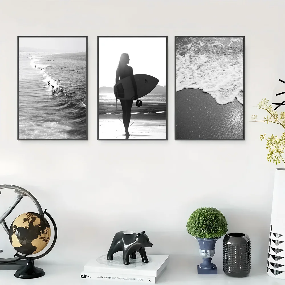 （Noframe 3PCS）-Set of 3 Unframed Beach-Themed Wall Decorations Featuring Wave Paintings, Silhouette Art Prints, And Surfing C