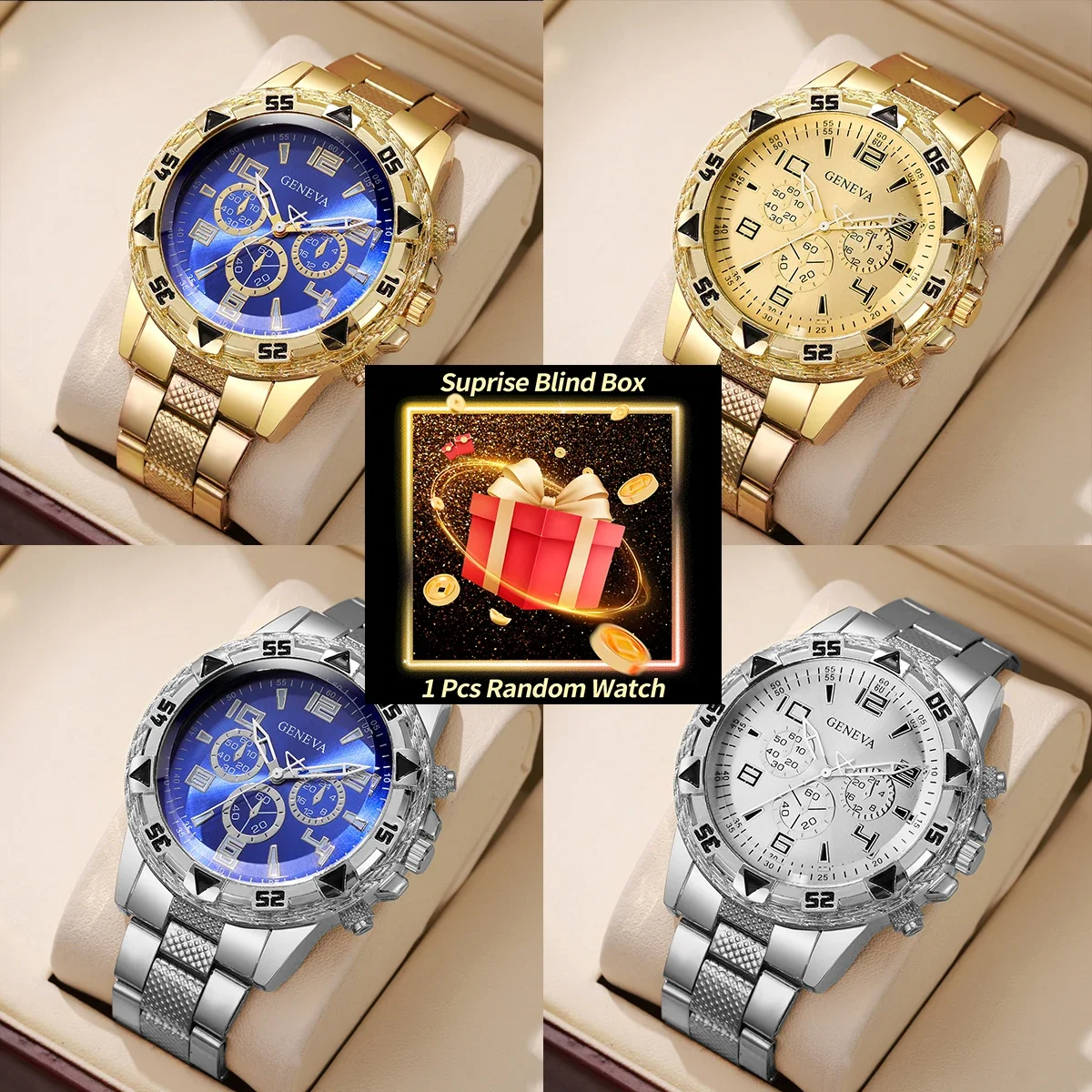 Mystery Blind Box Men Watch Geneva Sports Chronograph Quartz Wristwatch Stainless Steel Band Random Male Watch Gift