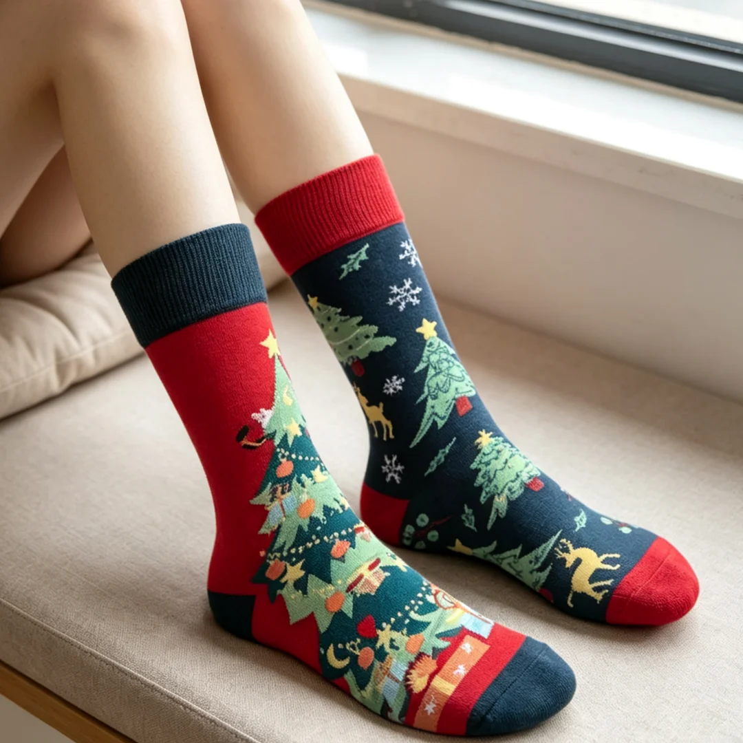 1 pair of Christmas-themed mid-calf socks with an asymmetrical Christmas tree pattern; suitable for both men and women