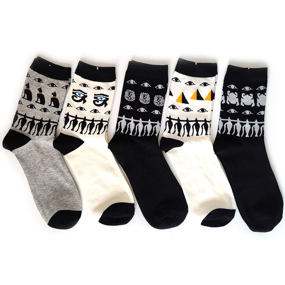 5 Pairs/Pack Men Socks Combed Cotton Funny Eyes Egypt Pyramid Folk-custom Skateboard Crew Socks