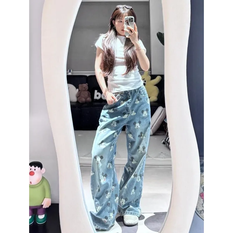 

Pants Women's Mickey Print Denim Jeans Summer New American Vintage High Waist Loose Slim Straight Floor Length Ins Trendy Pants