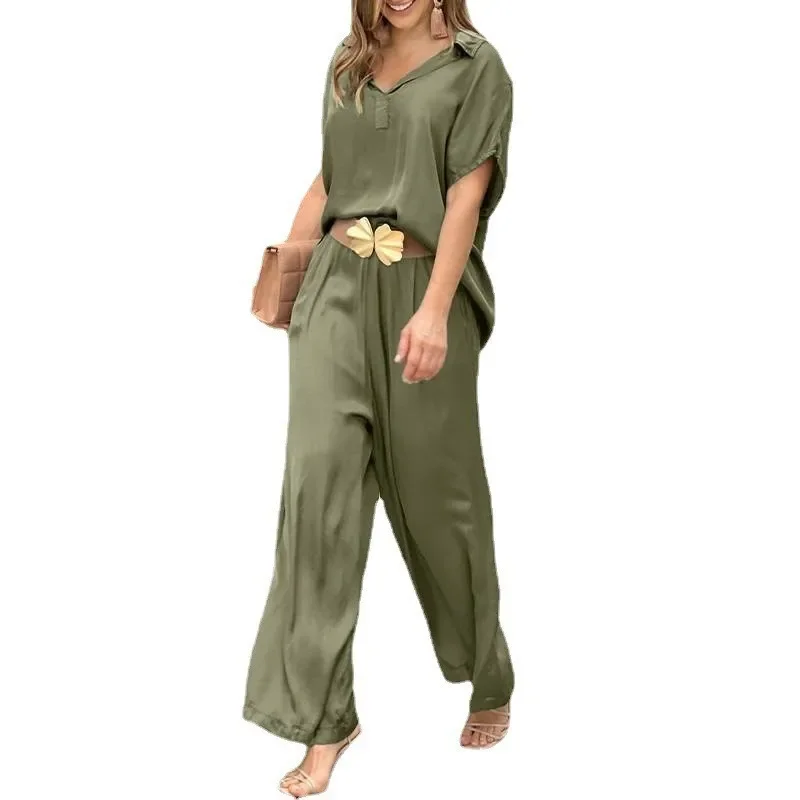 

Elegant Suits Women Two Pieces New Spring V Neck Short Sleeve Pullover Straight Pants Matching Sets Casual Solid Color