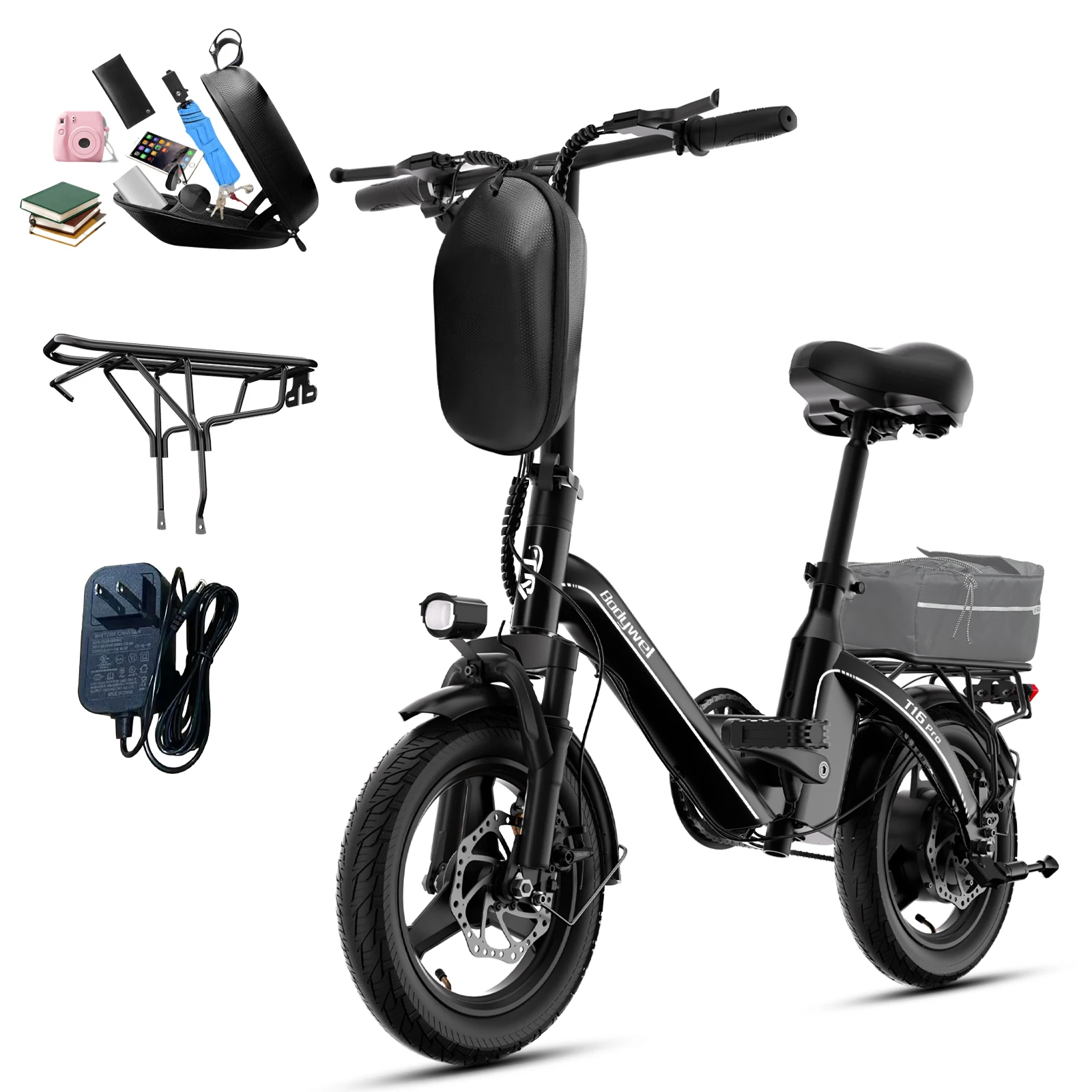 Folding Electric Bike 400W for Adults, Bodywel T16pro 36V 10Ah Long Range 30 Miles Commuter E-Bicycle, Compact Foldable ebike Dual Disc Brakes for Teens US stock image 5