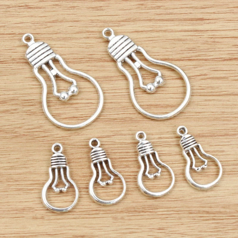 20 unidades, 21x11mm, 36x19mm, bulbo de luz, colgante de fabricación antigua, color plata tibetana Vintage, accesorios de joyería hechos a mano