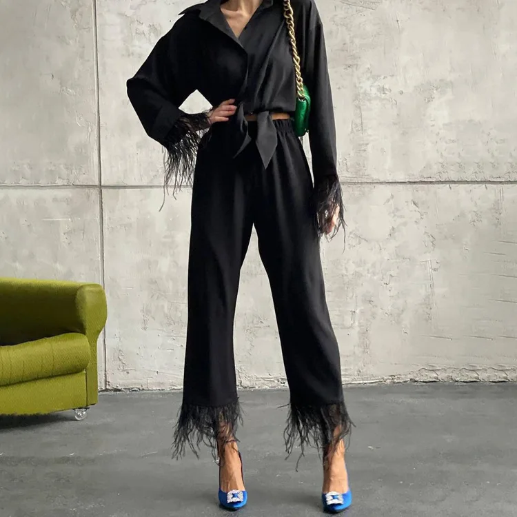 Silk Pajamas for Women Causal Home Suit Spring Elegant Loose Shirt 2 Piece Pants Set Female Feather Spliced Trouser Suits