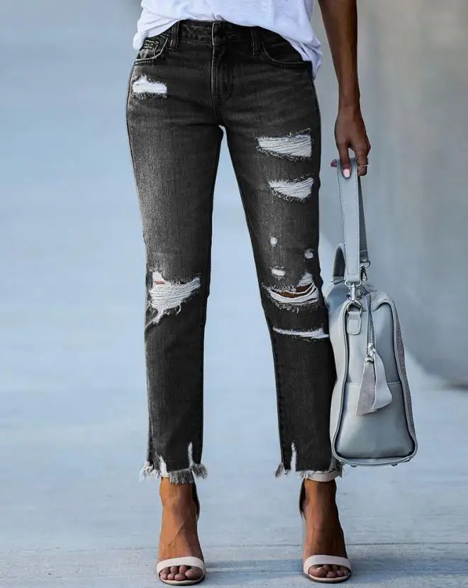 2023 New Pants for Women Fashion Denim Daily Plain Zipper Fly Cutout Ripped Raw Hem Cutout Washed Skinny Jeans