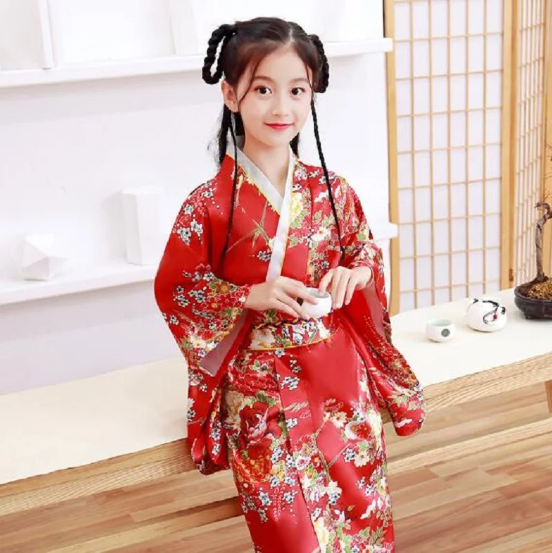 Wholesale New Japanese Style Children Kimono Girls Printed Bathrobe Satin Princess Dress Girl Kids Party Dresses Bow Skirt