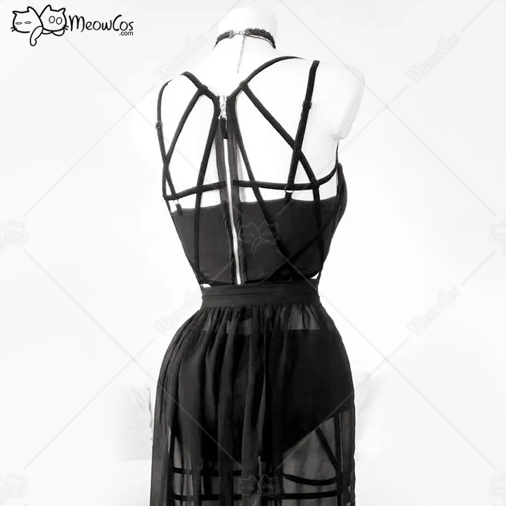 MEOWCOS Women Gothic Style Three Piece Bandage Suit Black Sexy Top and Mesh Split Skirt with Underwear