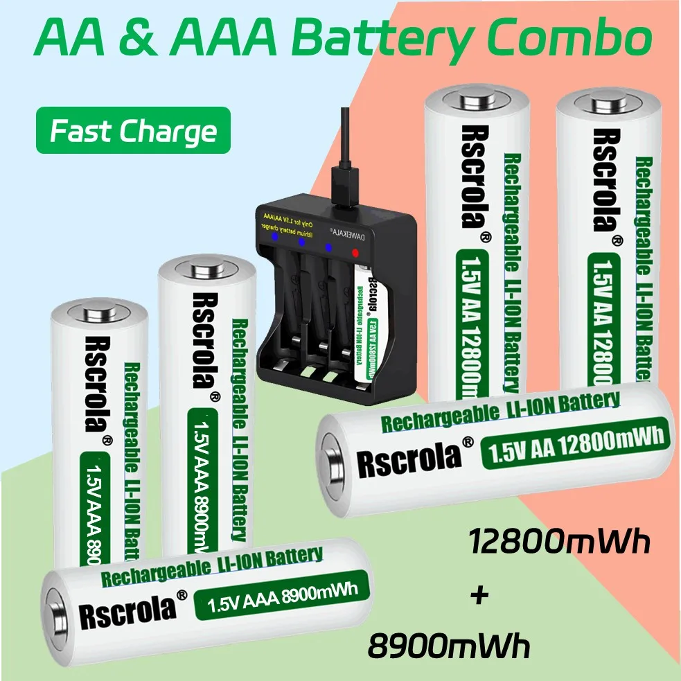 

Rscrola AA and AAA Batteries Combo Pack Rechargeable 12800mWh AA Battery and 8900mWh AAA Battery Fast Charge Low Self-discharge