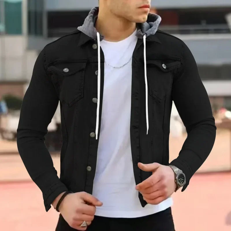 New Men\'s Fashionable Casual Hooded Single-breasted Jacket Men\'s Solid Color Jacket Casual Coat Double Pockets