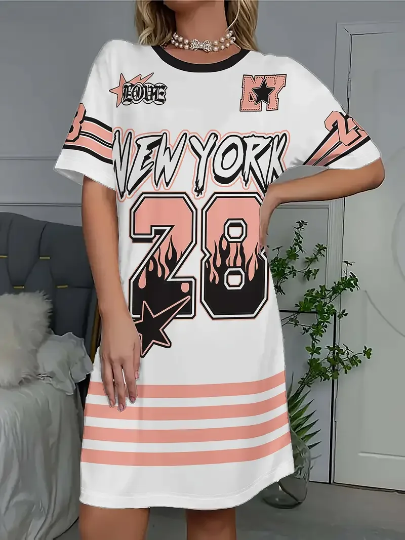 Summer Women T-Shirt Dress Plus Size Casual New York NO.28 Printed Lady Short Sleeve Pullover Dresses Women Clothing