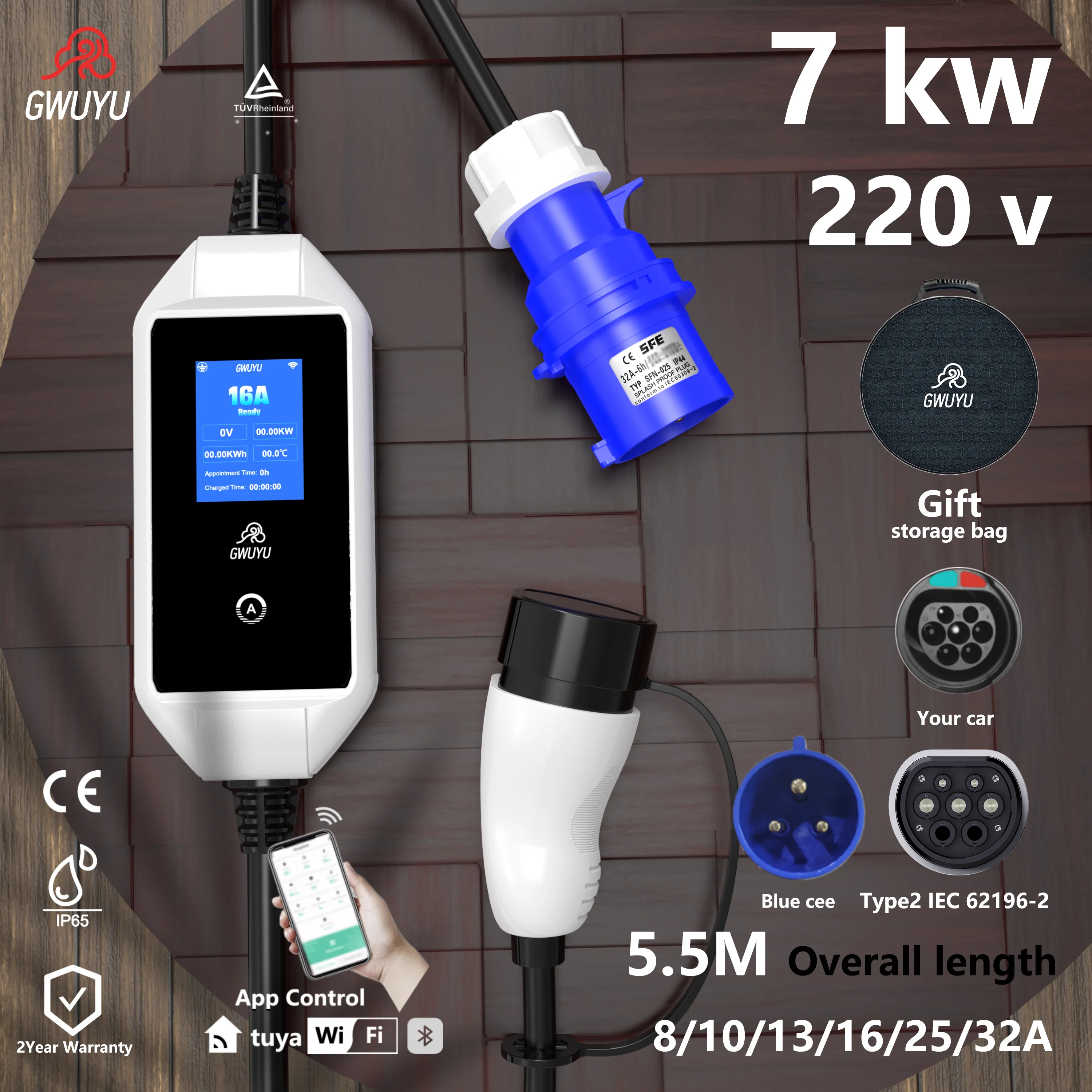 GWUYU Type2 IEC62196-2 EV Caricatore 3.5KW-7KW 8A-32A Wallbox portatile IP65 4 metri per BYD Tesla Kia Hyundai Nissan Dacia