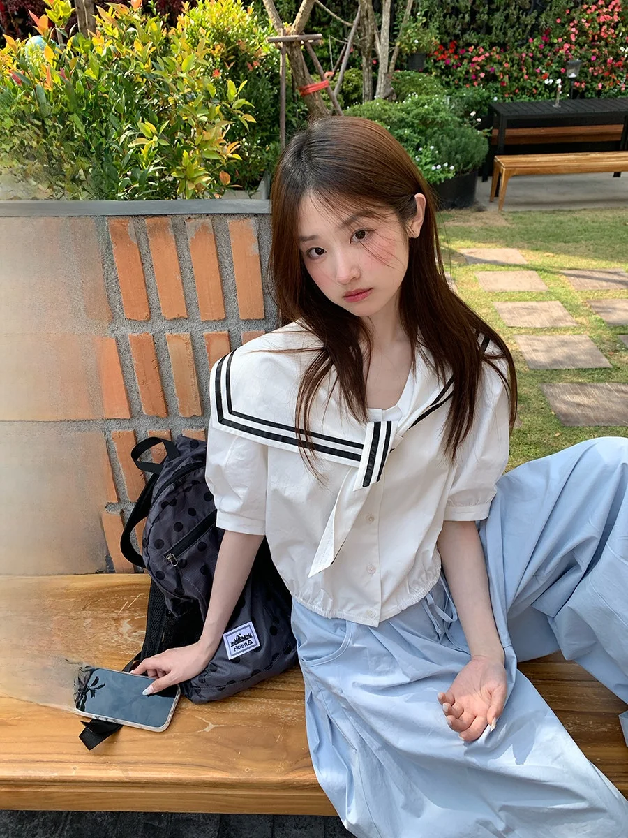 

Sinbounboun Navy Collar Bubble Sve ort irt Color Blo Cotton Polyester Sweet Sle Women's Spring Faion Blouse